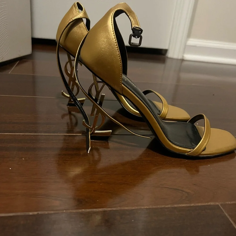 Saint Laurent Gold and Black Opyum Logo-Heel Sandals - Picture 3 of 6